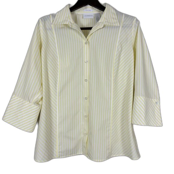 Liz Claiborne Women’s Size 12 Yellow White Stripe Non-Iron Button Down Shirt - Picture 1 of 8